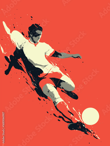 In a bold red setting, a soccer player in a white jersey showcases skill and intensity as he delivers a powerful kick towards the ball, capturing the essence of athleticism and passion.