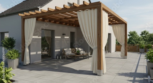 Modern Pergola with Curtains on a Tiled Patio