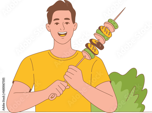 Man holding a skewer of food
