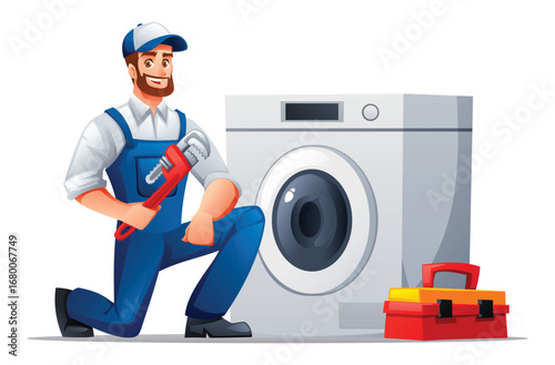 Plumber kneeling with a wrench next to a washing machine and a toolbox. Vector cartoon illustration