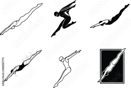 Diving athlete silhouettes vector set, swimmer jumping water, professional sports illustration, black artwork, aquatic sport design, lifestyle activity collection, competitio