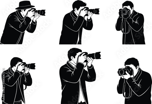 Photographer silhouettes vector set, man with camera, taking photo, professional photography, black illustration, lifestyle artwork, photo shooting design collection