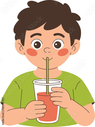 Boy drinking a red beverage with a straw