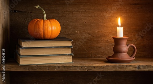 Pumpkin with curved stem stacked on top of closed books beside a burning candle in a clay holder on a wooden shelf against a wooden wall background