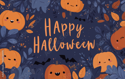 A festive Halloween design featuring smiling pumpkins surrounded by colorful autumn leaves and playful bats, capturing the essence of the holiday spirit.
