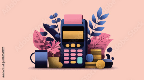 A colorful calculator is placed among various plants and objects, featuring pink leaves, coins, and a cup, creating an artistic and lively arrangement filled with contrasting colors.