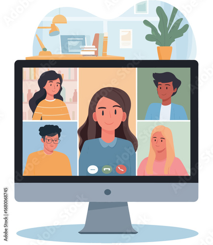 A digital conference displays five individuals participating from different locations, creating an engaging virtual environment. The cozy home office is filled with books and a plant.