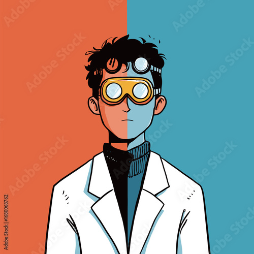 A scientist wearing a lab coat and goggles stares forward with a focused expression. The background features two bold colors, highlighting the characters determined demeanor in a research setting.