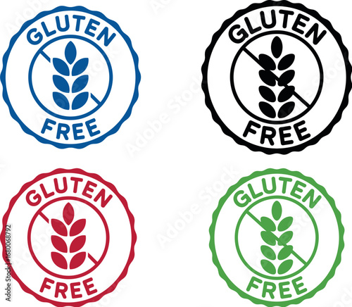 Set of four colorful gluten free certification seals with wheat icon