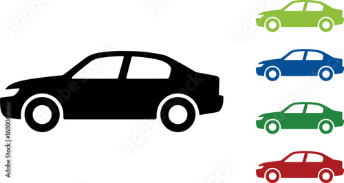 A collection of colorful sedan car icons on a white background, representing automotive diversity.