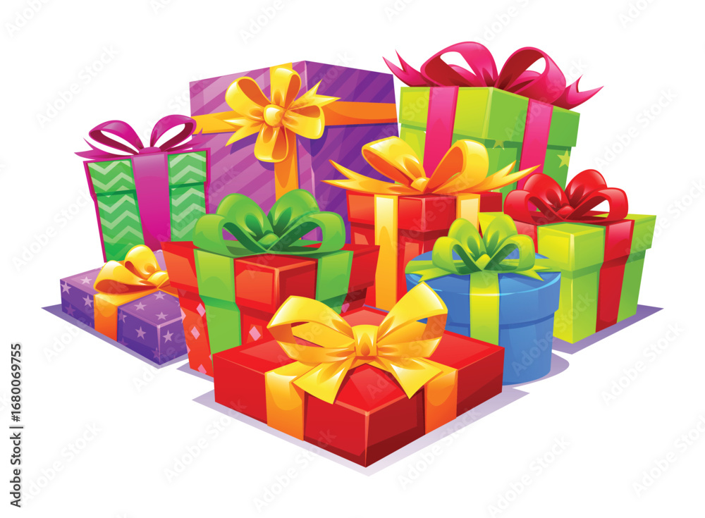 Fototapeta premium Large pile of various Christmas gifts with colorful wrapping and ribbons. Vector cartoon illustration