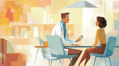A doctor in a white coat is seated at a table, discussing health matters with a woman in a yellow sweater. Bright light fills the colorful office space, creating a welcoming atmosphere.