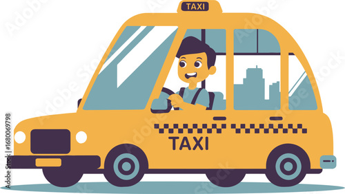 Cheerful Taxi Driver in a Yellow City Cab