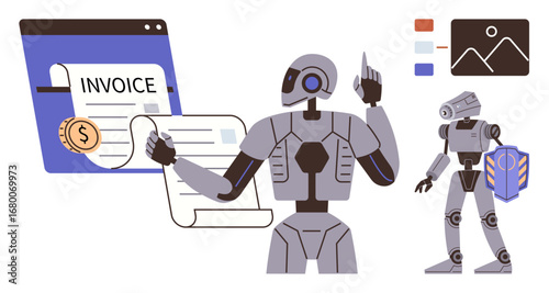 Android examining an invoice with dollar sign, digital interface, and security token. Ideal for AI, automation, finance, data security, technology robotics innovation. Simple flat metaphor