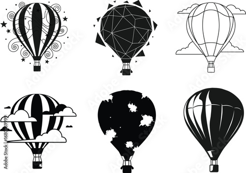 Hot air balloon silhouettes vector set, sky travel, clouds, abstract design, adventure flight, black illustration, vintage aerostat, creative airship collection