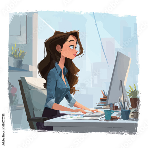 In a contemporary office space, a woman with long brown hair sits at a desk, focused on her computer. The area is bright with natural light and has various plants and stationery around.