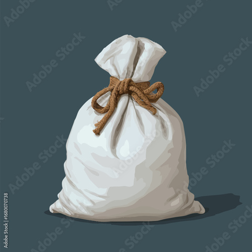A white sack with a tied rope sits against a blue background. The bag displays subtle texture and shadows, enhancing its minimalist aesthetic. Ideal for design inspiration.