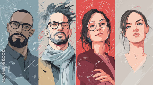 Four unique individuals display their distinct styles and expressions, featuring bold colors and artistic designs in a contemporary setting. Each portrait captures personality and creativity.