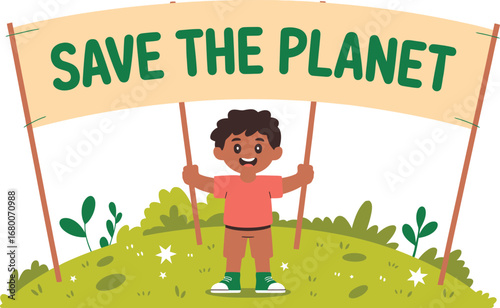 Child holding "Save the Planet" banner