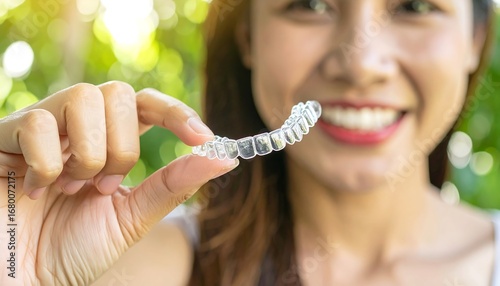 Woman holding clear teeth aligners