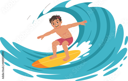 Young boy surfing a big wave