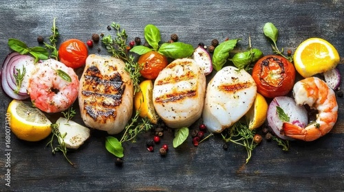 Grilled Seafood Medley with Fresh Herbs and Vegetables on Dark Wood Surface Display