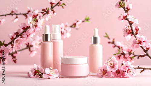 Pink cosmetic products with cherry blossoms.  A pastel pink background