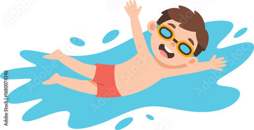 Happy child swimming in blue water