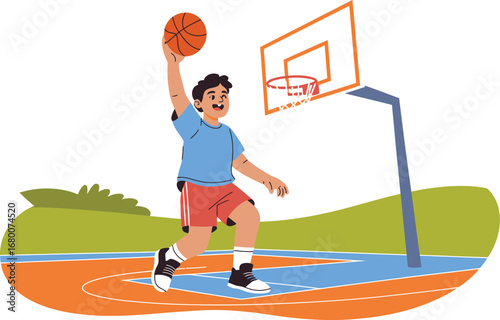 Boy playing basketball on an outdoor court
