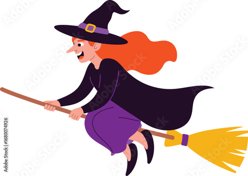 Cartoon Witch Flying on a Broomstick