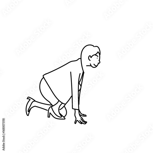 スタートラインで走り出す準備をする女性ビジネスパーソンの線画イラスト｜キャリア,挑戦,目標,競争,成功,仕事,会社員,モチベーション