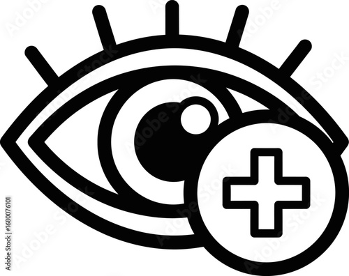 Eye with Medical Cross Icon: Bold Black Line Art