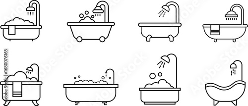 Set of bathtub icon. Bathtub bubbles soap icon. Bathtub with showerhead fixture icon design. Icon for apps and websites