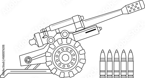 Military cannon artillery with ammunition hand drawn coloring page. Cannon artillery gun sketch isolated on white background