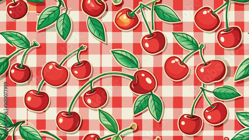 Red cherries with green leaves on a red and white checkered background cherry fruit