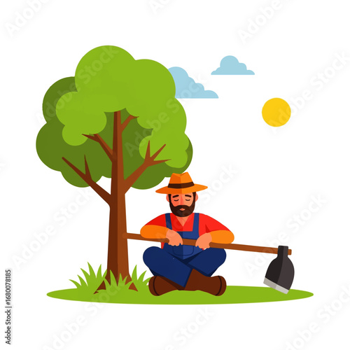A bearded farmer rests peacefully under a shade tree, his hoe resting across his lap, enjoying a moment of quiet amidst the sun-drenched countryside.