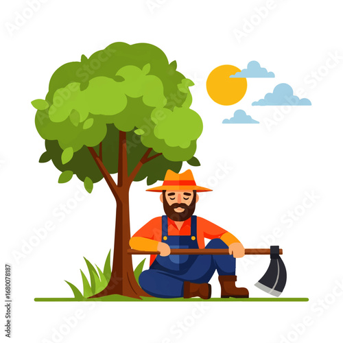 A bearded farmer rests peacefully under a tree, his hoe resting beside him, enjoying a moment of quiet in the sun-drenched countryside.