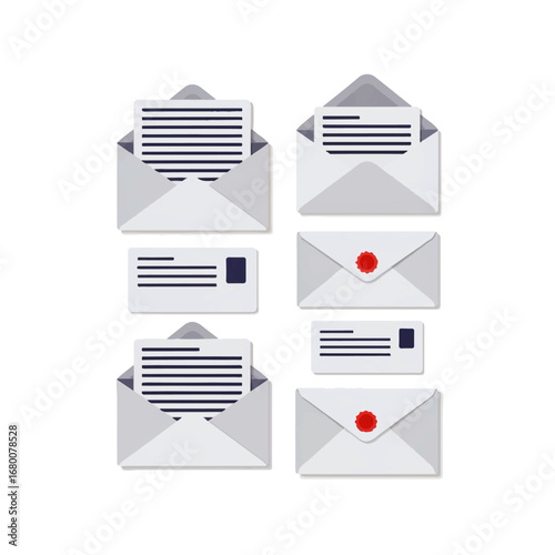 Six neatly arranged envelopes and cards, some sealed with wax, convey a sense of formal communication and important correspondence.