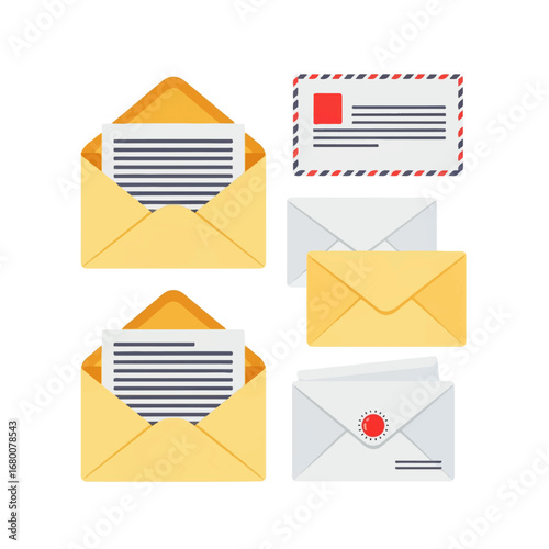 Opened and unopened envelopes with letters inside, arranged on a white background, conveying a sense of correspondence and communication.