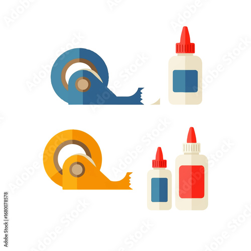 Two rolls of tape, one blue and one yellow, alongside bottles of glue, represent essential stationery for crafting and organization.