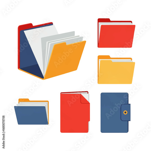 Colorful file folders and document icons, organized and neatly arranged against a white background, conveying a sense of efficient organization.