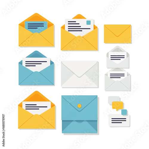 Colorful flat lay illustration of various envelopes, some open to reveal letters, showcasing different communication methods.