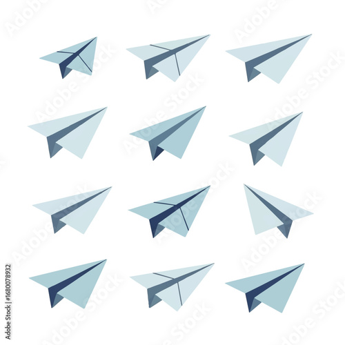 Twelve light-blue paper airplanes soar against a stark white background, conveying a sense of freedom and childlike wonder.