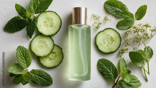 Glass bottle of light green liquid surrounded by cucumber slices and mint leaves on white background