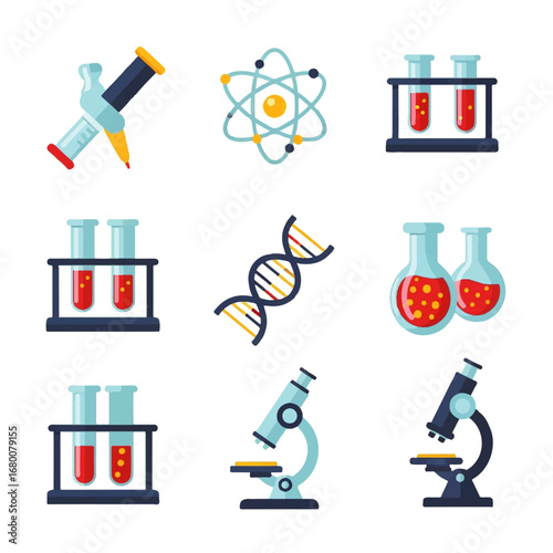 Colorful flat icons depict scientific research tools: microscope, test tubes, DNA helix, atom, and syringe, symbolizing scientific discovery.
