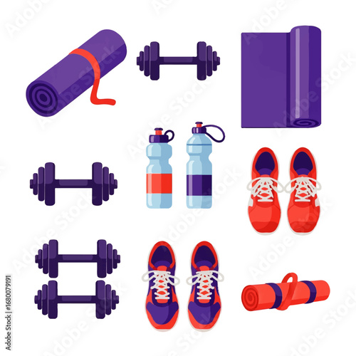 Fitness essentials: dumbbells, yoga mats, water bottles, and sneakers ready for a workout.