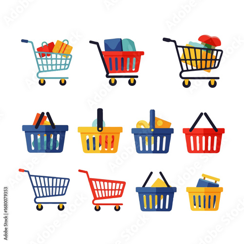 Colorful shopping carts and baskets overflowing with various goods against a white background, conveying a cheerful and vibrant consumerism concept.