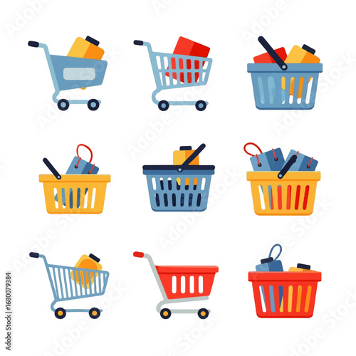 Colorful shopping carts and baskets overflowing with purchases, conveying a cheerful and abundant consumerism concept.