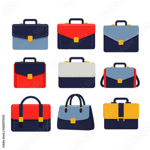 Nine stylish briefcases and handbags in various colors and styles, perfect for business or professional use, convey a sense of organization and success.