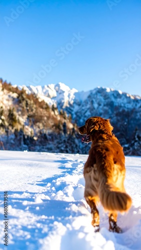 Golden Retriever in snowy mountains